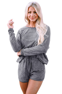 Shorts Lounge Set | Gray Long Sleeve Top and Drawstring