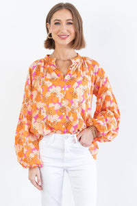 Floral Print Top | Orange Loose Sleeve Shirt