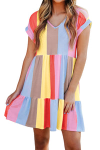 Tiered Mini Dress | Fiery Red Multi-Color Striped Dress