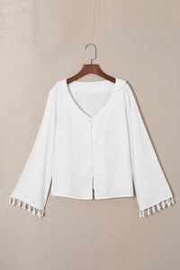 White V Neck Buttoned Tassel Bell Sleeve Shirt | Tops/Blouses & Shirts