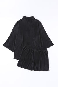 Black 3/4 Sleeves Pleated Shirt and High Waist Shorts Lounge Set | Two Piece Sets/Short Sets