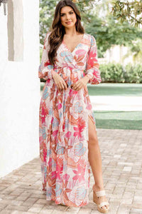 Maxi Dress | Tropical Plant Print Long Sleeve Wrap Dress