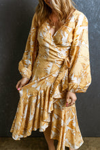 Load image into Gallery viewer, Floral Print Dress | Yellow V Neck Lace Up Bubble Sleeves
