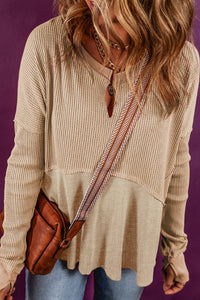 Patchwork Top | French Beige Slit Neck Waffle Knit