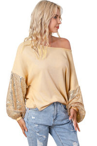 Waffle Knit Top | Apricot Sequin Patchwork Sleeve Open Back