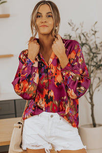 Purple Graffiti Printed V Neck Puff Sleeve Blouse | Tops/Blouses & Shirts