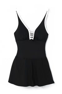 Black Strappy V Neck Side Split One-piece Swimdress | Swimwear/Swim Dresses