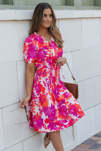 Rose Floral Smocked Waist Bubble Sleeve Flare Dress | Dresses/Mini Dresses