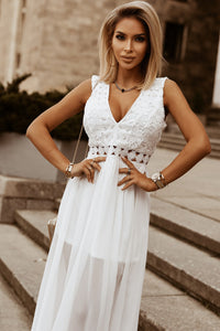 White Lace Maxi Dress | Slit Lace Detail V-Neck Dress