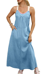 Beau Blue Contrast Straps Pocketed Long Chambray Dress | Dresses/Maxi Dresses