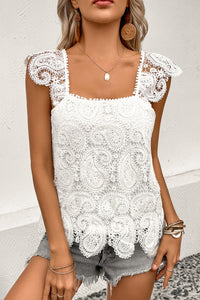 White Lace Crochet Ruffled Square Neck Tank Top | Tops/Tank Tops