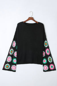 Black Floral Crochet Bell Sleeve Loose Sweater | Tops/Sweaters & Cardigans