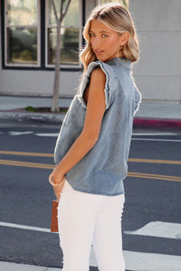 Denim Shirt | Beau Blue Frayed Ruffle Sleeve Top