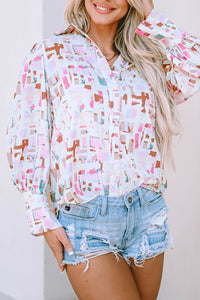 Multicolor Top | Abstract Print Lantern Sleeve Casual Shirt