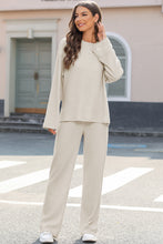 Load image into Gallery viewer, Beige Ribbed Drop Shoulder Henley Top Wide Leg Pants Set | Two Piece Sets/Pant Sets
