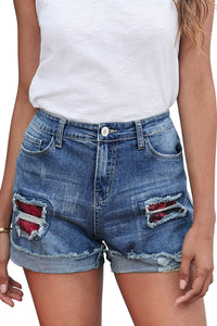 Plaid Patchwork Rolled Hem Denim Shorts | Bottoms/Denim Shorts