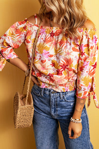 Multicolor Floral Print Shirred Knotted Off Shoulder Blouse | Tops/Blouses & Shirts