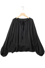 Load image into Gallery viewer, Black Tie V Neck Pleated Puff Sleeve Satin Blouse | Tops/Blouses &amp; Shirts
