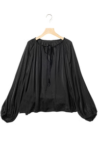 Black Tie V Neck Pleated Puff Sleeve Satin Blouse | Tops/Blouses & Shirts