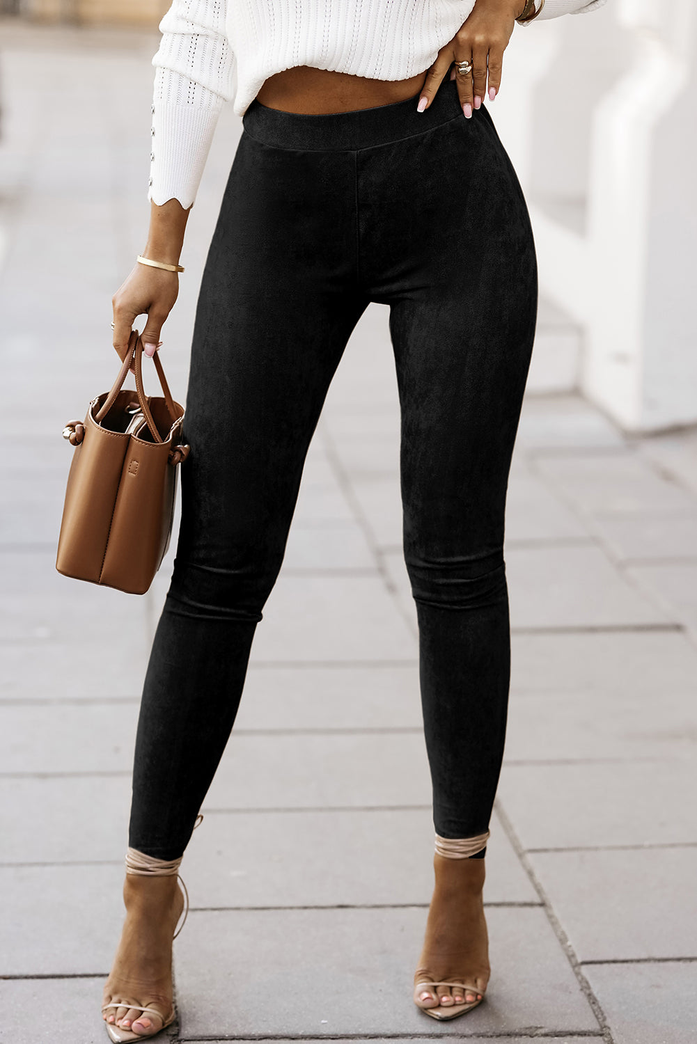 Skinny Leggings | Black High Waist Faux Suede