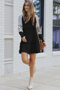 Mini Dress | Black Striped Leopard Long Sleeve Dress