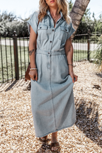 Load image into Gallery viewer, Denim Dress | Beau Blue Short Bat Wing Sleeve Slit Back Dress
