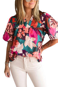 Rose Red Floral Print Puff Sleeve Notched V Neck Blouse | Tops/Blouses & Shirts