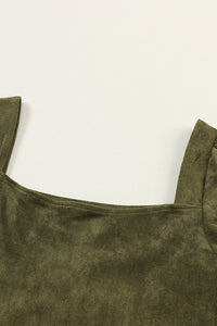 Jungle Green Suede Square Neck Puff Sleeve Dress