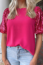 Load image into Gallery viewer, Rose Red Contrast Sequin Puff Sleeve T Shirt
