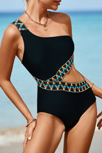 Load image into Gallery viewer, Black Zigzag Accent Cutout One Shoulder Teddy Swimwear | Swimwear/One Piece Swimsuit
