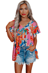 Pink Abstract Print V Neck Flutter Sleeve Blouse | Tops/Blouses & Shirts