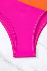 Rose Red 2-tone Patchwork Twist Bikini High Waist Swimsuit | Swimwear/High Waisted Swimsuit