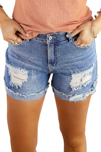 Distressed Ripped Rolled Hem Blue Denim Shorts | Bottoms/Denim Shorts