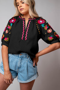 Puff Sleeve Top | Black Floral Embroidered Blouse