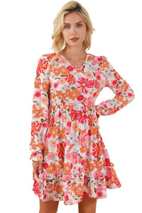 Multicolor Floral V Neck Long Sleeve Skater Dress | Dresses/Floral Dresses