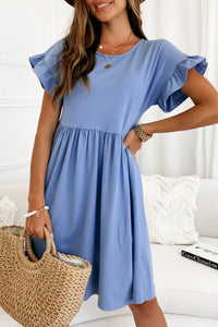 Sky Blue Round Neck Ruffle Sleeve Loose Dress | Dresses/Mini Dresses