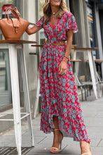 Load image into Gallery viewer, Red V Neck Flutter Sleeve Floral Print Ruffled Maxi Dress | Dresses/Floral Dresses
