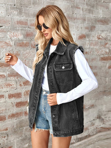 Denim Jacket | Raw Hem Sleeveless Button Up Jacket