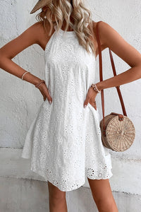 White Boho Eyelet Pattern Halter Neck Sleeveless Dress | Dresses/Mini Dresses