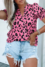 Load image into Gallery viewer, Pink Leopard Notch Neck Bubble Sleeve Blouse | Tops/Blouses &amp; Shirts
