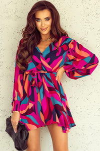 Fiery Red Abstract Printed Belted Puff Sleeve Mini Dress | Dresses/Mini Dresses