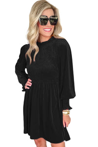 Black Velvet Mini Dress | Frilled Neck Smocked Bodice Dress