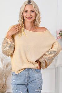 Waffle Knit Top | Apricot Sequin Patchwork Sleeve Open Back