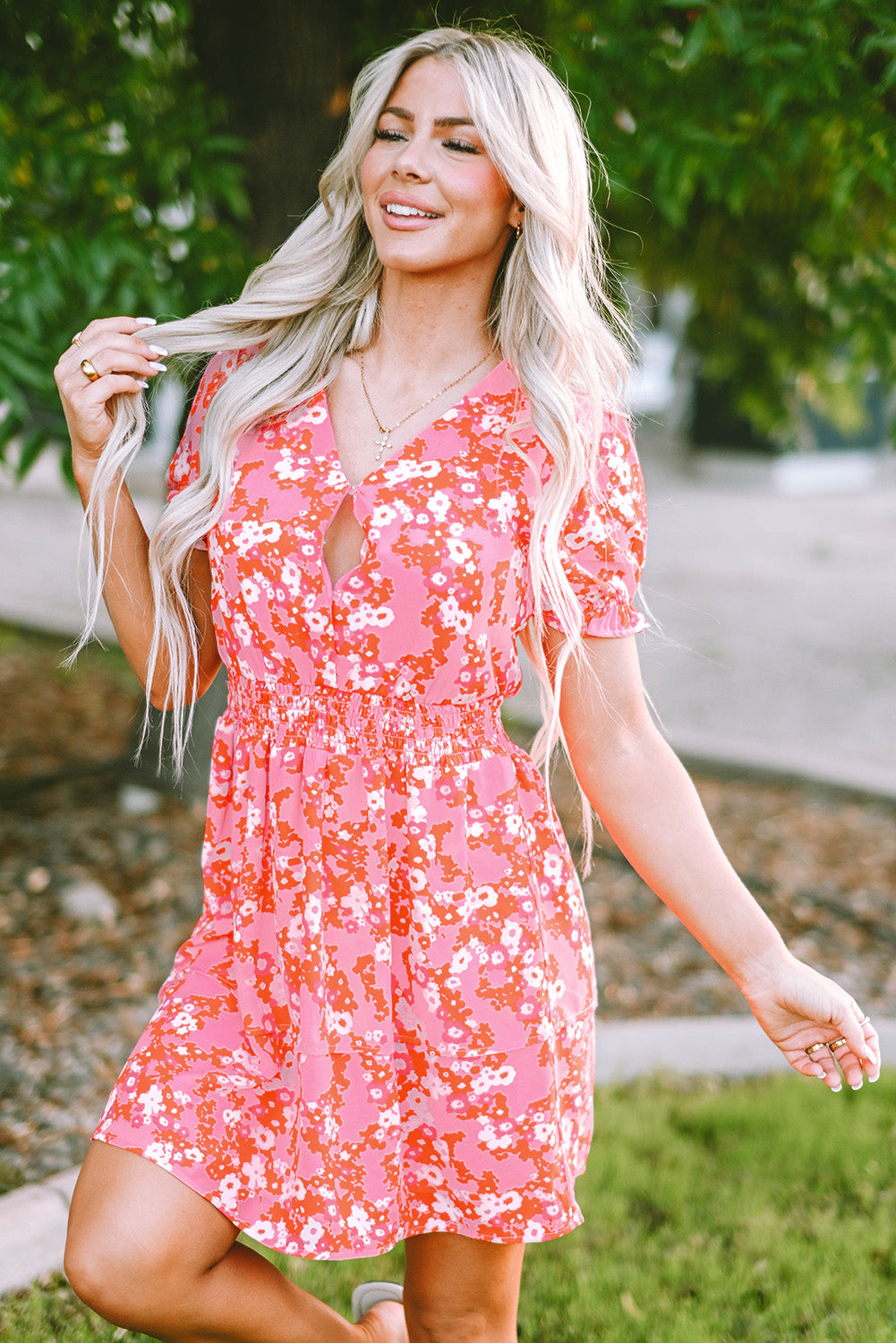 Pink Floral V Neck Short Ruffle Tiered Dress | Dresses/Floral Dresses