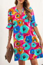 Load image into Gallery viewer, Floral Shift Dress | Rose Split V Collar Ruffle Sleeve Dress
