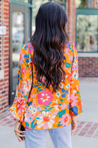 Carrot Floral Print Buttons Front Bubble Sleeve Shirt | Tops/Blouses & Shirts