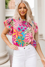 Load image into Gallery viewer, Multicolor Vibrant Floral Print Trimmed Ruffle Sleeve Blouse | Tops/Blouses &amp; Shirts
