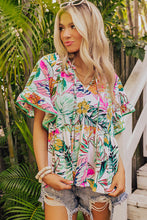 Load image into Gallery viewer, Short Sleeve Blouse | White Tropical Floral Print Ruffled Top
