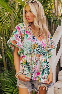 Short Sleeve Blouse | White Tropical Floral Print Ruffled Top