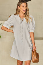 Load image into Gallery viewer, Bubble Sleeve Dress | Lace-Up V Neck Short Shift Dress
